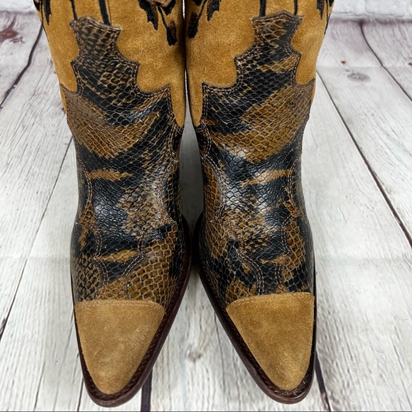 Antonio Melani Brown Suede and Snakeskin Floral Embroidery Heeled Cowboy Boots - Picture 12 of 16